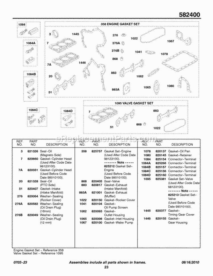 EngineValve Gasket Sets Connectors Diagram and Parts List for 582447-0476-E2  Briggs and Stratton Engine